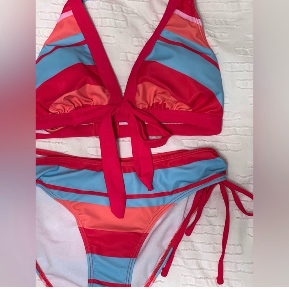Striped Triangle Bikini Set in Red, Coral & Sky Blue NWOT